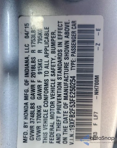 2015 Honda Civic Lx z USA, uszkodzony, nr VIN 19XFB2F53FE250254